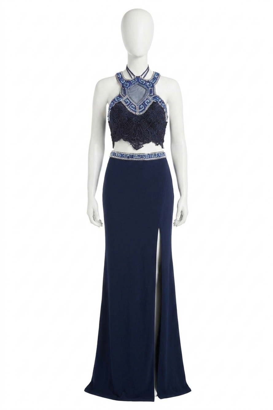 NEW RACHEL ALLAN lace jersey two-piece gown in navy